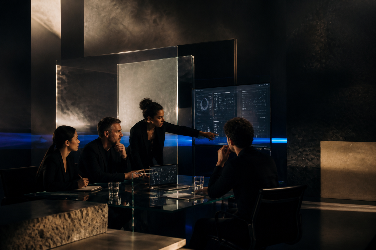 Media team reviewing campaign signals together in a dark studio with cobalt light